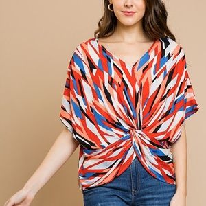 UMGEE Mixed Dolman Sleeve V-Neck Knot Front Top